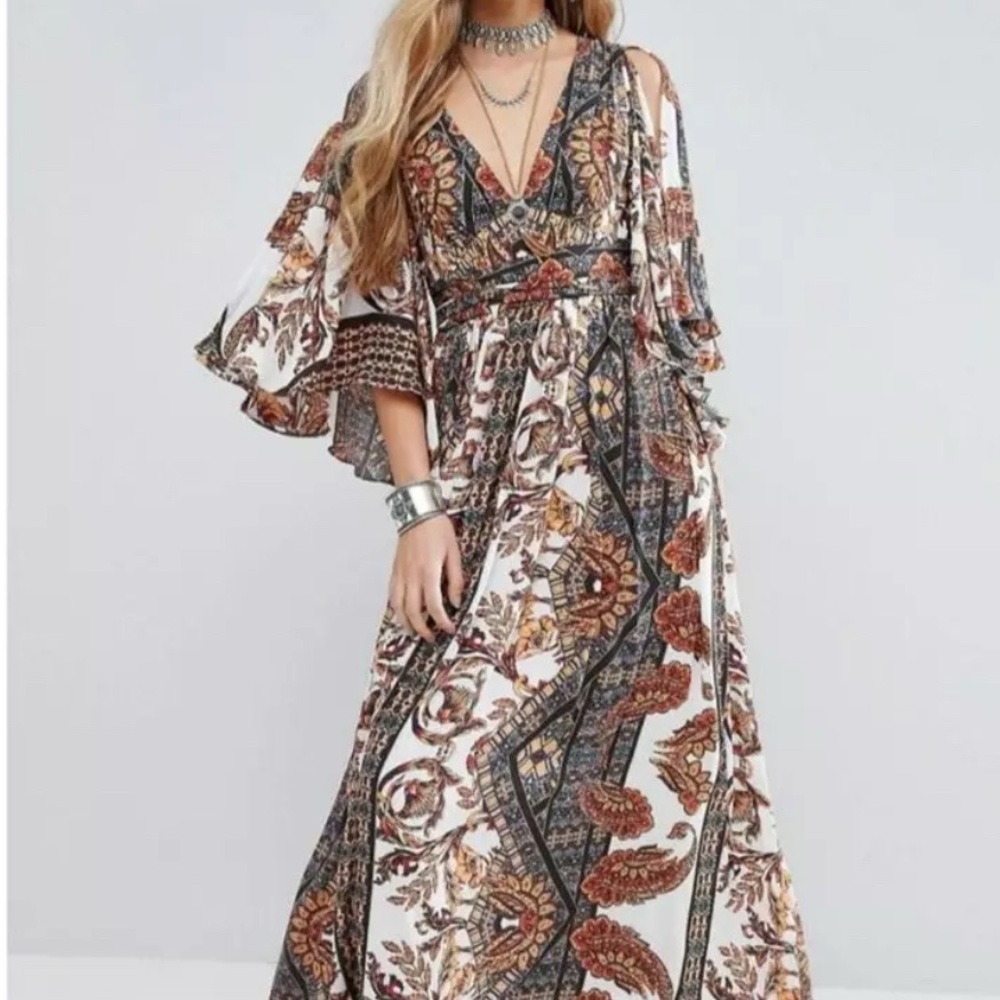 Free People Fern Maxi White and Brown Maxi Dress